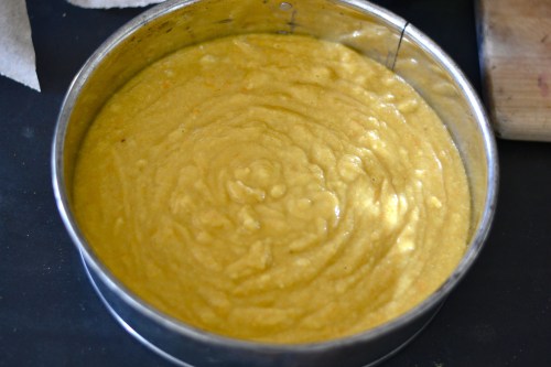 Cake batter in pan ready for the oven.